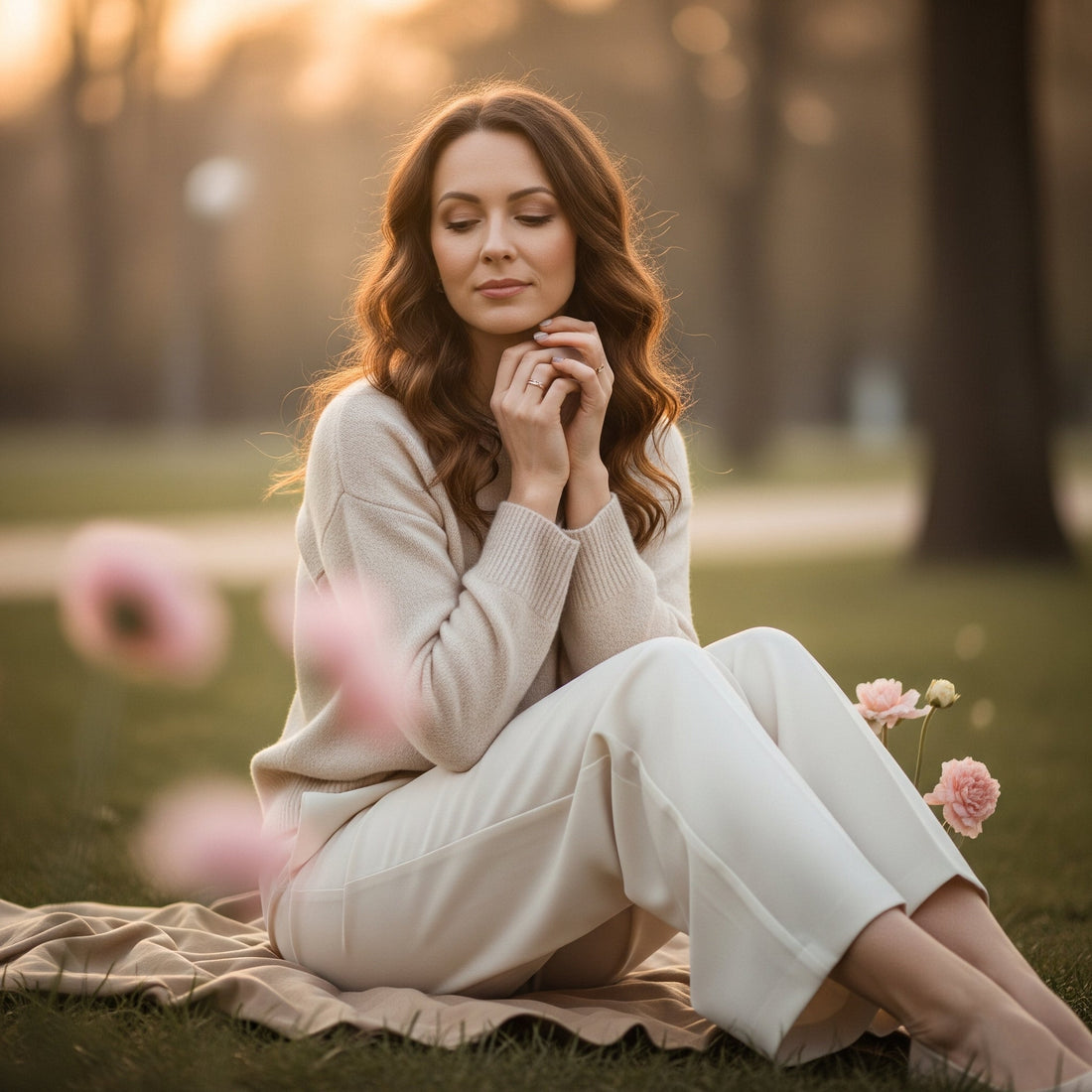 Vrouw in zachte outfit zittend in het park, in een moment van rust, zachtheid en zelfliefde