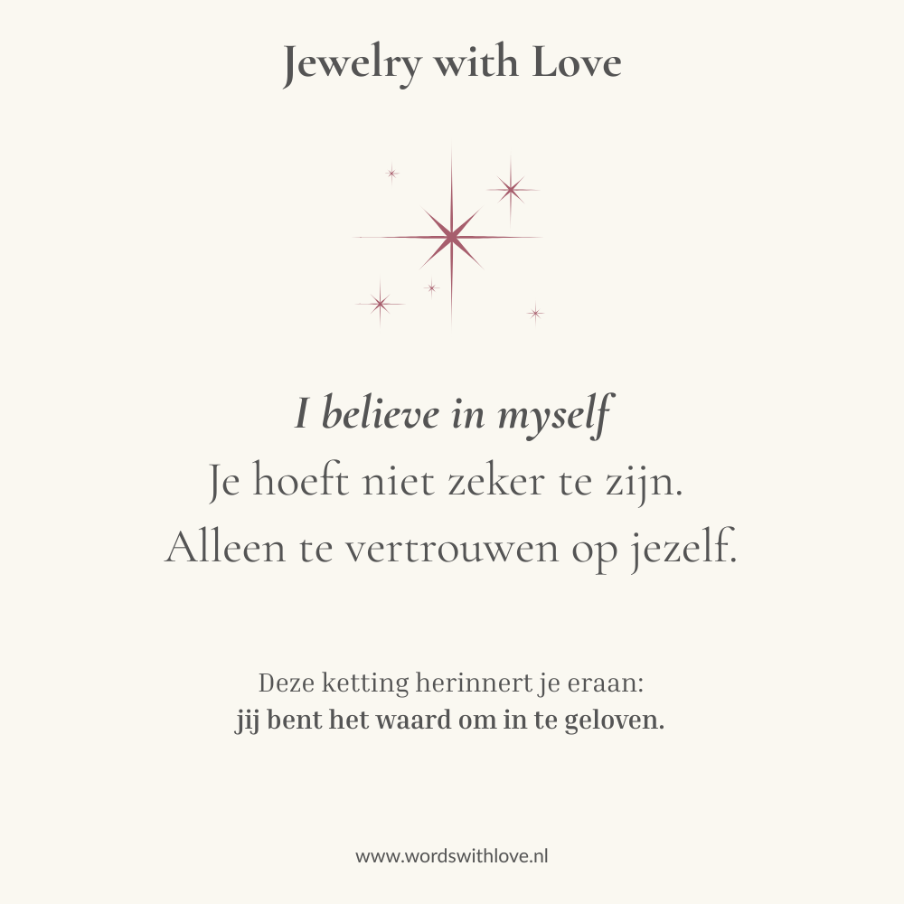 Affirmatiekaart bij ketting met gravure I believe in myself en sterren – sieraad voor zelfvertrouwen en innerlijke kracht