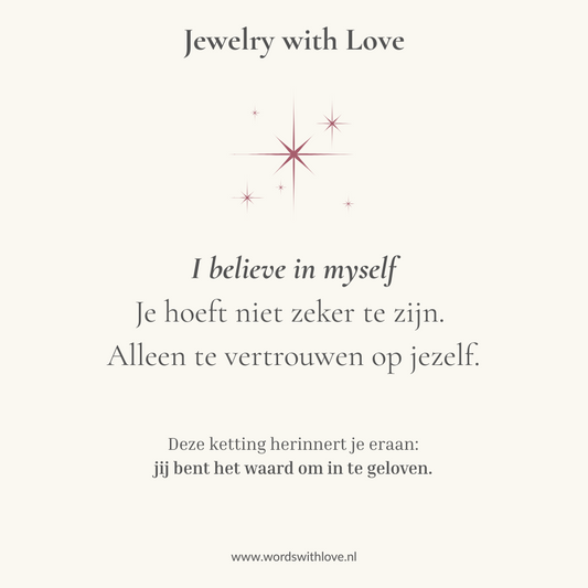 Affirmatiekaart bij ketting met gravure I believe in myself en sterren – sieraad voor zelfvertrouwen en innerlijke kracht
