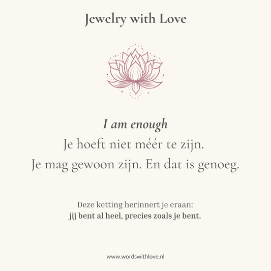 Affirmatiekaartje voor gouden affirmatieketting met gravure I am enough en lotusbloem – sieraad voor zelfliefde, zelfacceptatie en innerlijke rust