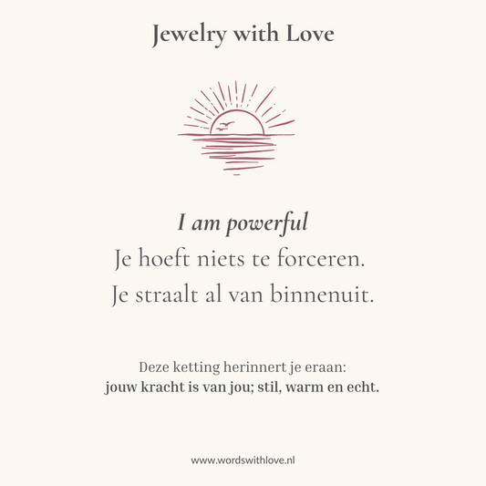 Affirmatiekaart bij affirmatieketting met gravure I am powerful en zonillustratie – sieraad voor kracht, zelfvertrouwen en positieve energie
