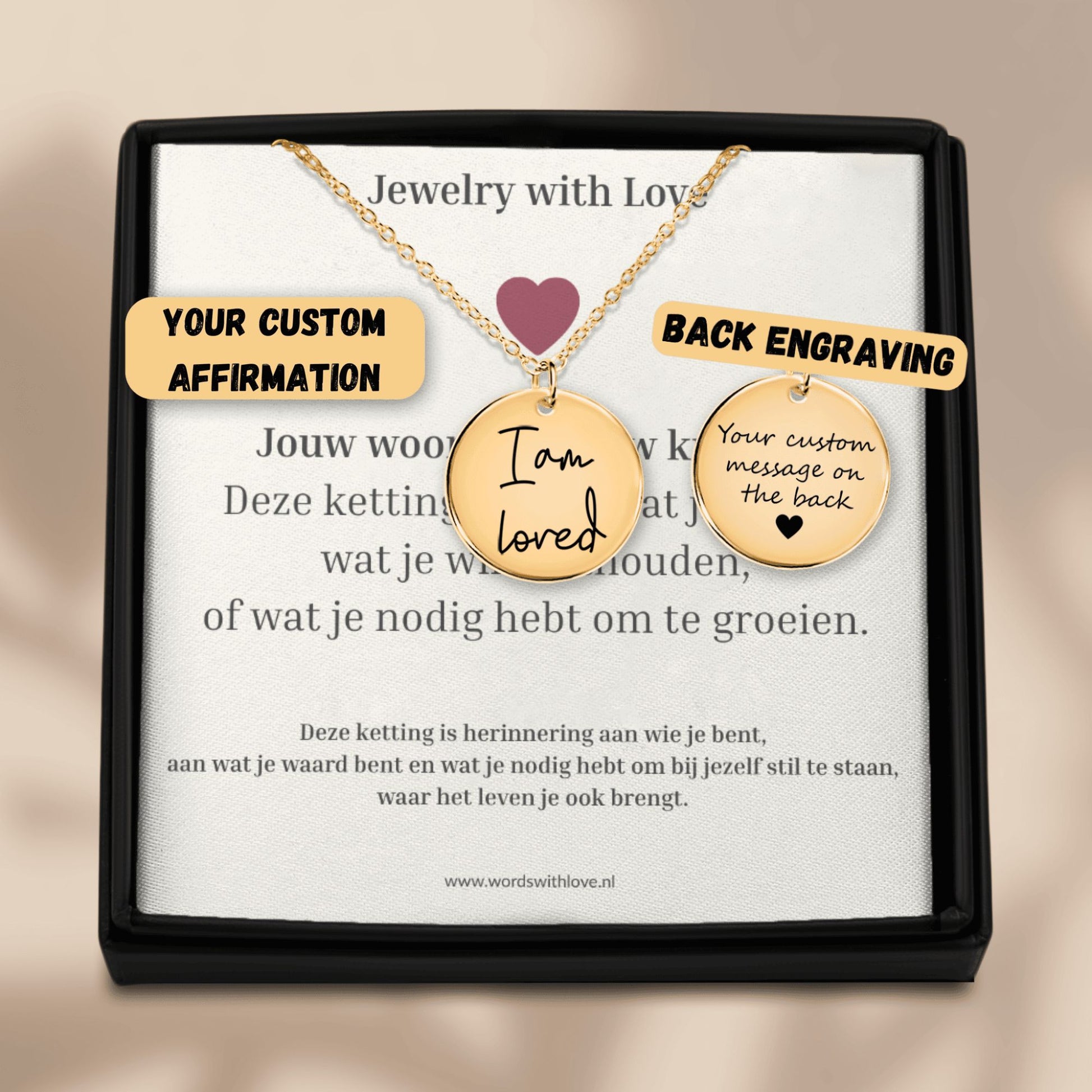 Gepersonaliseerde affirmatieketting in luxe sieradendoosje met kaartje met betekenis– Jouw eigen tekst, quote of illustratie als sieraad
