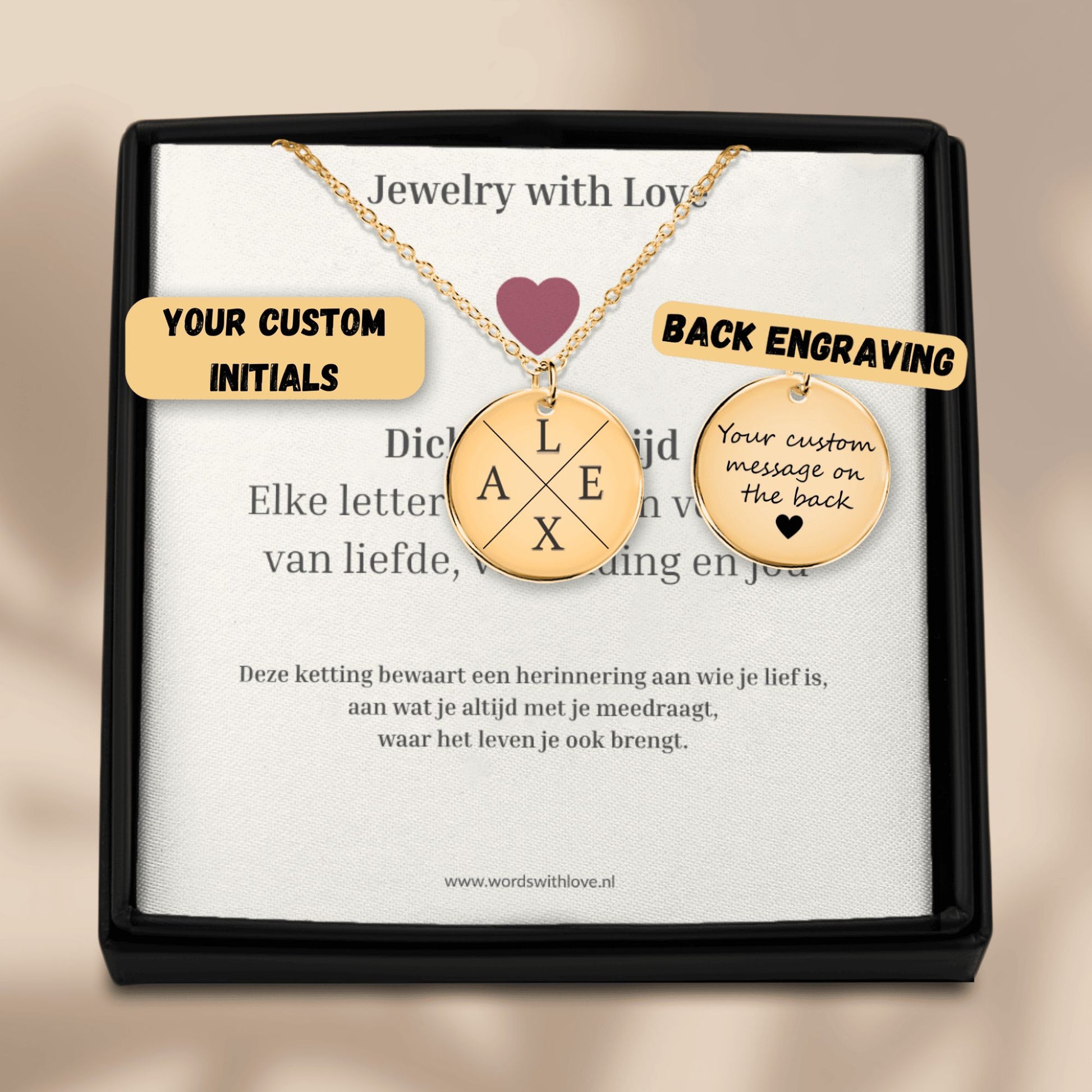 Gepersonaliseerde initialen Ketting in sieradendoosje– draag wie je lief is