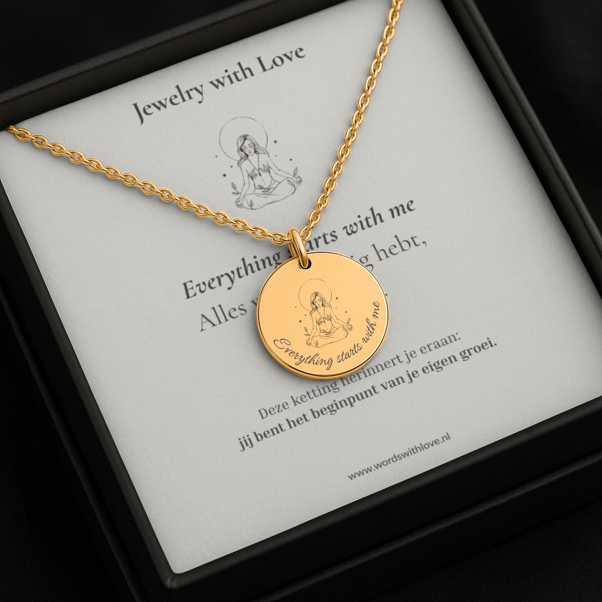 affirmatie ketting met gravure Everything starts with me – zelfliefde sieraad