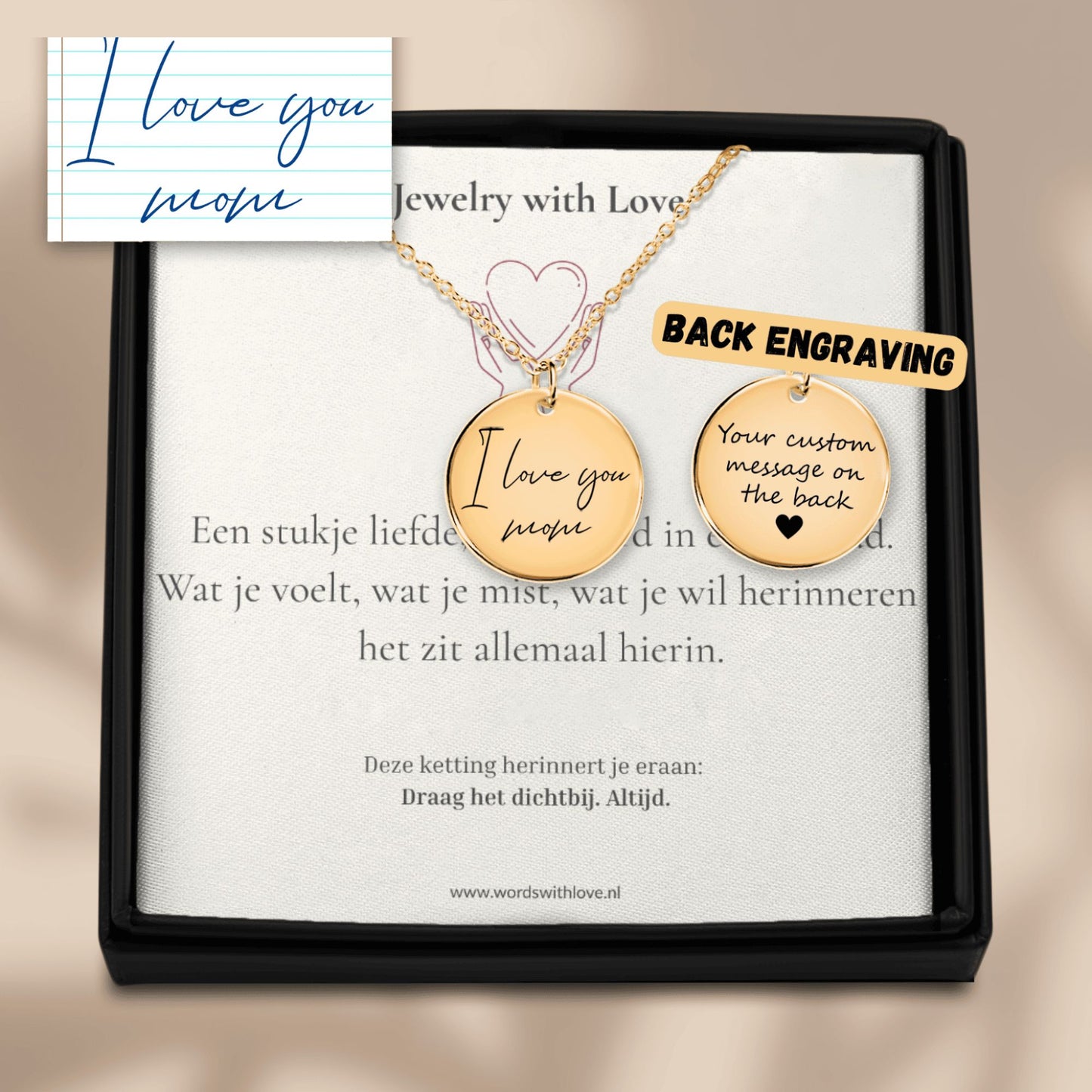 Gepersonaliseerde ketting met handschrift  inclusief affirmatiekaart– draag je verhaal