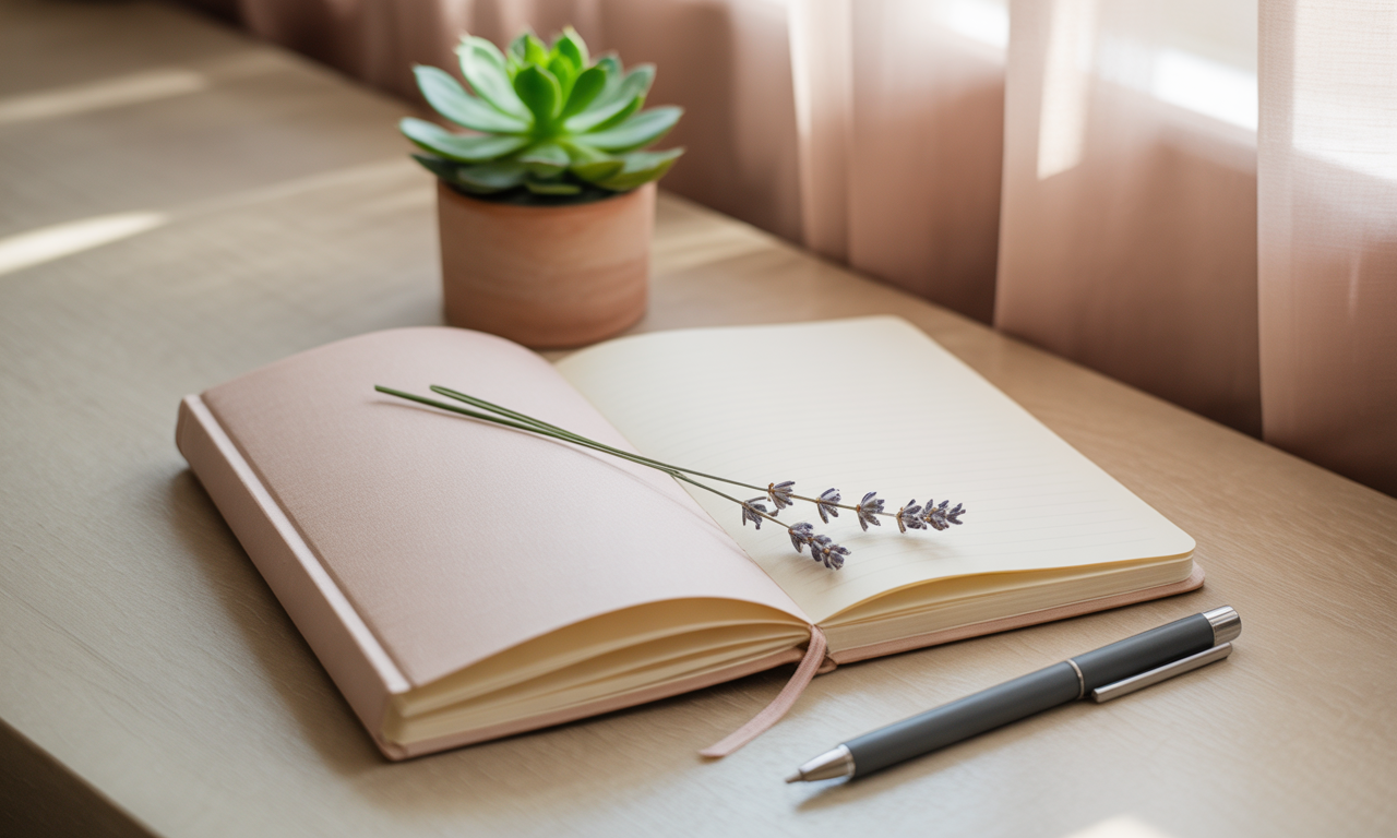 Zachtroze journal uit de Write with Love collectie, met lavendel en pen – uitnodiging tot zelfreflectie en journaling