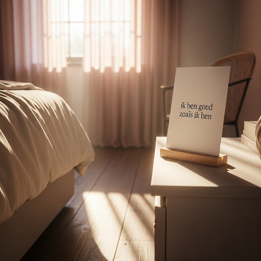 Sfeervol ochtendlicht in slaapkamer met affirmatiekaart “Ik ben goed zoals ik ben” – liefdevolle herinnering aan zelfliefde en positiviteit