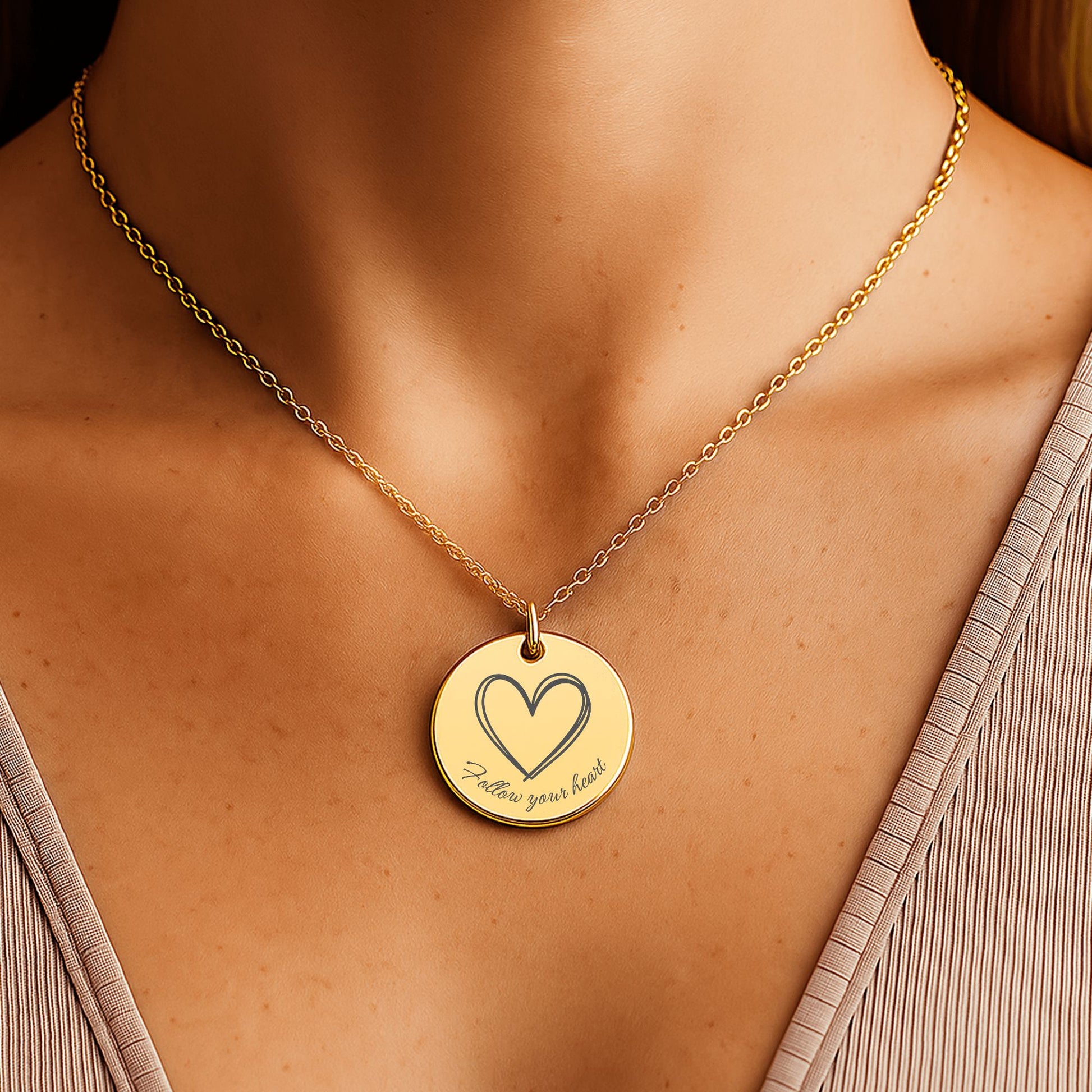 Gedragen om hals affirmatieketting met gravure Follow your heart en hartje – betekenisvol sieraad voor liefde en vertrouwen